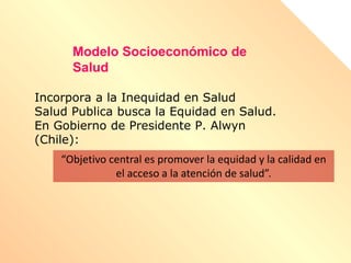 Modelo Socioeconómico de
Salud
Incorpora a la Inequidad en Salud
Salud Publica busca la Equidad en Salud.
En Gobierno de Presidente P. Alwyn
(Chile):
“Objetivo central es promover la equidad y la calidad en
el acceso a la atención de salud”.
 