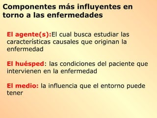 Componentes más influyentes en
torno a las enfermedades
El agente(s):El cual busca estudiar las
características causales que originan la
enfermedad
El huésped: las condiciones del paciente que
intervienen en la enfermedad
El medio: la influencia que el entorno puede
tener
 