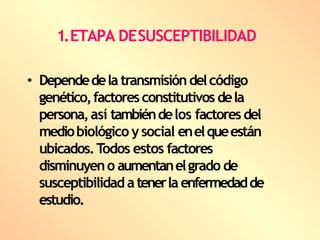 1.ETAPA DESUSCEPTIBILIDAD
• Dependedela transmisióndelcódigo
genético,factoresconstitutivos dela
persona,así tambiéndelos factoresdel
mediobiológico ysocial enelqueestán
ubicados.Todos estos factores
disminuyeno aumentanelgrado de
susceptibilidad atenerla enfermedadde
estudio.
 