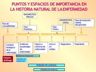 PUNTOS Y ESPACIOS DE IMPORTANCIA EN
LA HISTORIA NATURAL DE LAENFERMEDAD
Cambios
biológicos
dela
enfermedad
Evidencia
depatología
de
enfermedad
Diagnóstico Tratamiento
Signos y
síntomasde
enfermedad
Atenci
ón
médica
Fase
Preclínica
Fase
Clínica
Fase de
susceptibilidad
Fase deresolución:
muerte,
discapacidad
PERIODO DE VENTAJA
PERIODO DE LATENCIA
PERIODO DE
INDUCCION
PERIODO DE INCUBACIÓN
Factores
deRiesgo
DIAGNOSTICO
PRECOZ
DIAGNOSTICO
USUAL
 