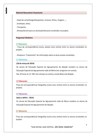 Material Necessário/ Orçamento
. Papel de carta/fotografias/postais, músicas, filmes, imagens …;
. Envelopes, Selos;
. Transporte;
. Almoço/lanche para os alunos/professores envolvidos no projeto.
Programa/ Dinâmica
1.º Momento
. Troca de correspondência (carta, postais e/ou online) entre os alunos envolvidos no
projeto;
. Pesquisa e “tratamento” de informação sobre as duas escolas envolvidas;
2.º Momento
(18 de março de 2014)
Os alunos de Educação Especial do Agrupamento de Abação recebem os alunos de
Educação Especial do Agrupamento João de Meira (ver programa em anexo).
Das 10 horas às 13: 30h com almoço na cantina, escola Básica de Abação.
3.º Momento
Troca de correspondência/ fotografias (carta e/ou online) entre os alunos envolvidos no
projeto;
4.º Momento
(data a definir - 2014)
Os alunos de Educação Especial do Agrupamento João de Meira recebem os alunos de
Educação Especial do Agrupamento de Abação.
5.º Momento
Troca de correspondência/ fotografias (carta e/ou online) entre os alunos envolvidos no
projeto.
4
“duas escolas, duas histórias…Um Olhar Especial!”
 