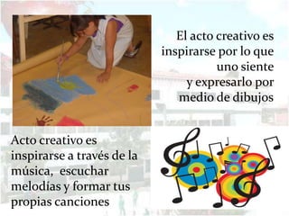 El acto creativo es
                            inspirarse por lo que
                                       uno siente
                                 y expresarlo por
                               medio de dibujos


Acto creativo es
inspirarse a través de la
música, escuchar
melodías y formar tus
propias canciones
 