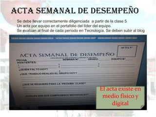 ACTA SEMANAL DE DESEMPEÑO
 Se debe llevar correctamente diligenciada a partir de la clase 5
 Un acta por equipo en el portafolio del líder del equipo.
 Se evalúan al final de cada período en Tecnología. Se deben subir al blog.




                                                El acta existe en
                                                 medio físico y
                                                     digital
 
