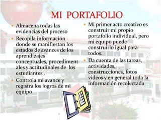  Almacena todas las          Mi primer acto creativo es
  evidencias del proceso      construir mi propio
 Recopila información
                              portafolio individual, pero
  donde se manifiestan los    mi equipo puede
  estados de avances de los   construirlo igual para
  aprendizajes                todos.
  conceptuales, procediment  Da cuenta de las tareas,
  ales y actitudinales de los actividades,
  estudiantes .               construcciones, fotos
 Controla mi avance y
                              videos y en general toda la
  registra los logros de mi   información recolectada
  equipo
 
