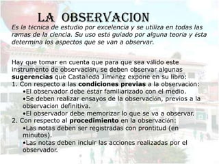 LA OBSERVACION
Es la técnica de estudio por excelencia y se utiliza en todas las
ramas de la ciencia. Su uso está guiado por alguna teoría y ésta
determina los aspectos que se van a observar.


Hay que tomar en cuenta que para que sea válido este
instrumento de observación, se deben observar algunas
sugerencias que Castañeda Jiménez expone en su libro:
1. Con respecto a las condiciones previas a la observación:
    •El observador debe estar familiarizado con el medio.
    •Se deben realizar ensayos de la observación, previos a la
    observación definitiva.
    •El observador debe memorizar lo que se va a observar.
2. Con respecto al procedimiento en la observación:
    •Las notas deben ser registradas con prontitud (en
    minutos).
    •Las notas deben incluir las acciones realizadas por el
    observador.
 