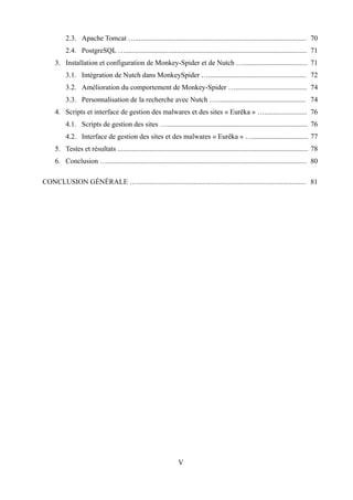 2.3. Apache Tomcat …................................................................................................ 70
          2.4. PostgreSQL …...................................................................................................... 71
     3. Installation et configuration de Monkey-Spider et de Nutch ….................................... 71
          3.1. Intégration de Nutch dans MonkeySpider …....................................................... 72
          3.2. Amélioration du comportement de Monkey-Spider …........................................ 74
          3.3. Personnalisation de la recherche avec Nutch ….................................................. 74
     4. Scripts et interface de gestion des malwares et des sites « Eurêka » …........................ 76
          4.1. Scripts de gestion des sites …............................................................................... 76
          4.2. Interface de gestion des sites et des malwares « Eurêka » …............................... 77
     5. Testes et résultats ........................................................................................................... 78
     6. Conclusion …................................................................................................................ 80

CONCLUSION GÉNÉRALE …............................................................................................... 81




                                                                   V
 