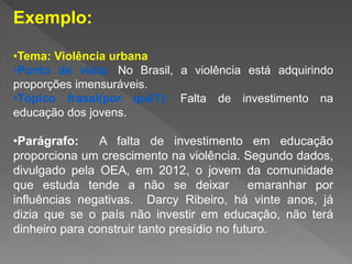 Exemplo:
•Tema: Violência urbana
•Ponto de vista: No Brasil, a violência está adquirindo
proporções imensuráveis.
•Tópico frasal(por quê?): Falta de investimento na
educação dos jovens.
•Parágrafo: A falta de investimento em educação
proporciona um crescimento na violência. Segundo dados,
divulgado pela OEA, em 2012, o jovem da comunidade
que estuda tende a não se deixar emaranhar por
influências negativas. Darcy Ribeiro, há vinte anos, já
dizia que se o país não investir em educação, não terá
dinheiro para construir tanto presídio no futuro.
 