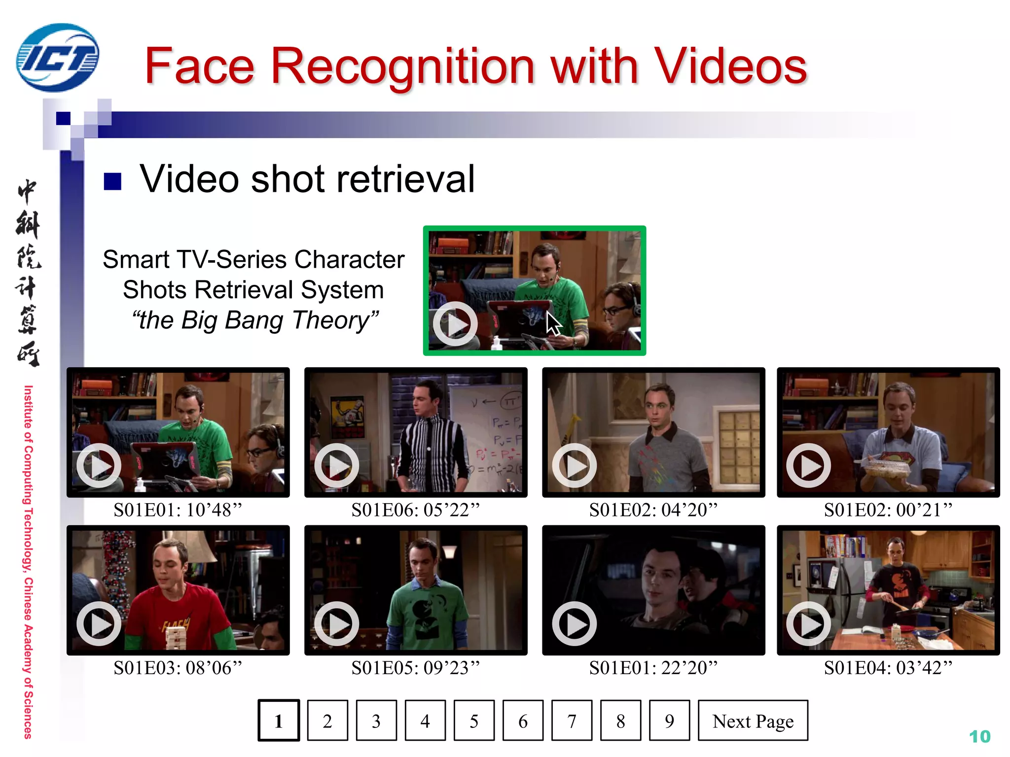 InstituteofComputingTechnology,ChineseAcademyofSciences
1010
Face Recognition with Videos
 Video shot retrieval
1 32 4 5 76 9 Next Page8
S01E01: 10’48’’ S01E06: 05’22’’ S01E02: 04’20’’ S01E02: 00’21’’
S01E03: 08’06’’ S01E05: 09’23’’ S01E01: 22’20’’ S01E04: 03’42’’
Smart TV-Series Character
Shots Retrieval System
“the Big Bang Theory”
 