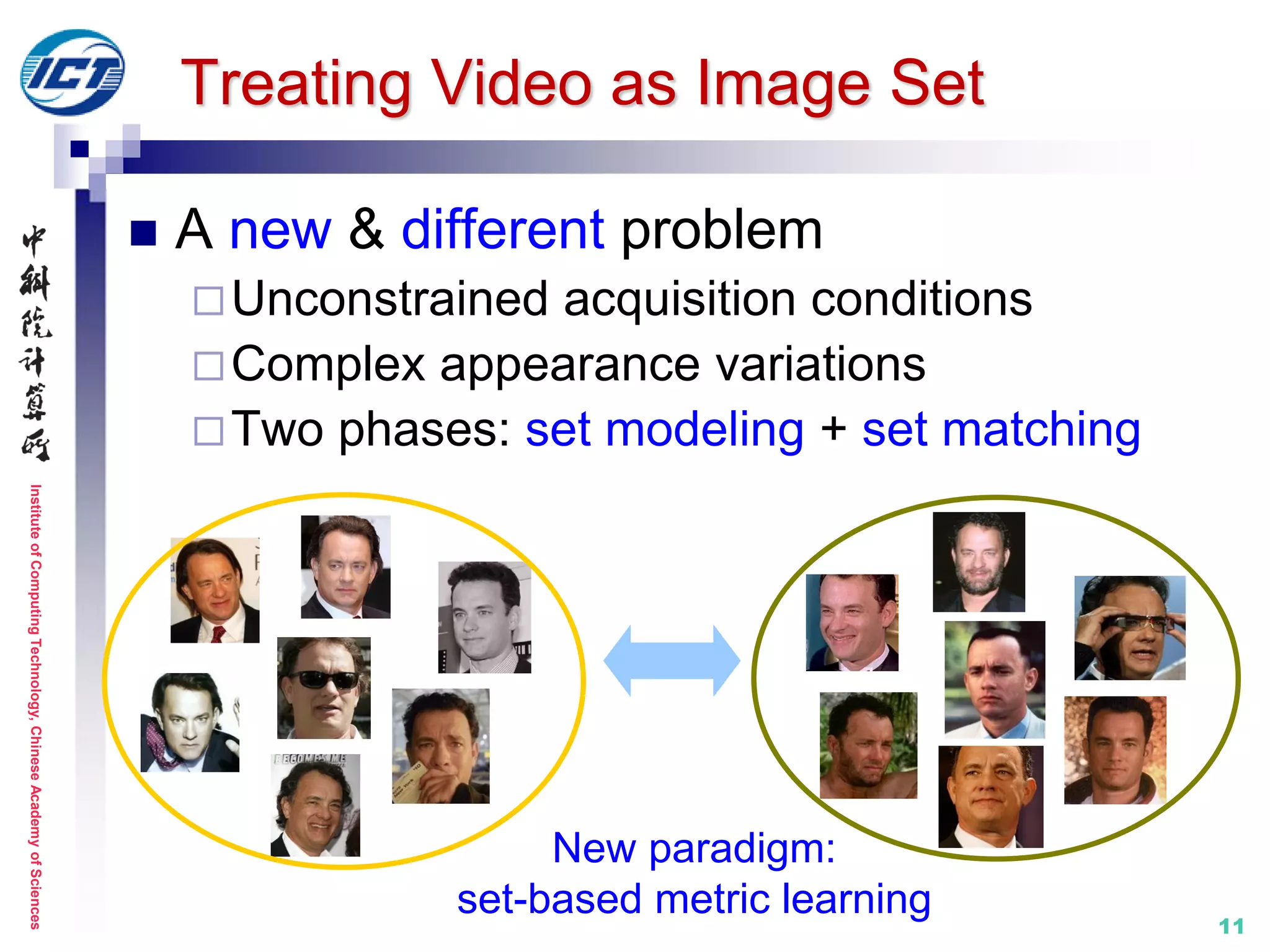InstituteofComputingTechnology,ChineseAcademyofSciences
11
Treating Video as Image Set
 A new & different problem
Unconstrained acquisition conditions
Complex appearance variations
Two phases: set modeling + set matching
New paradigm:
set-based metric learning
 