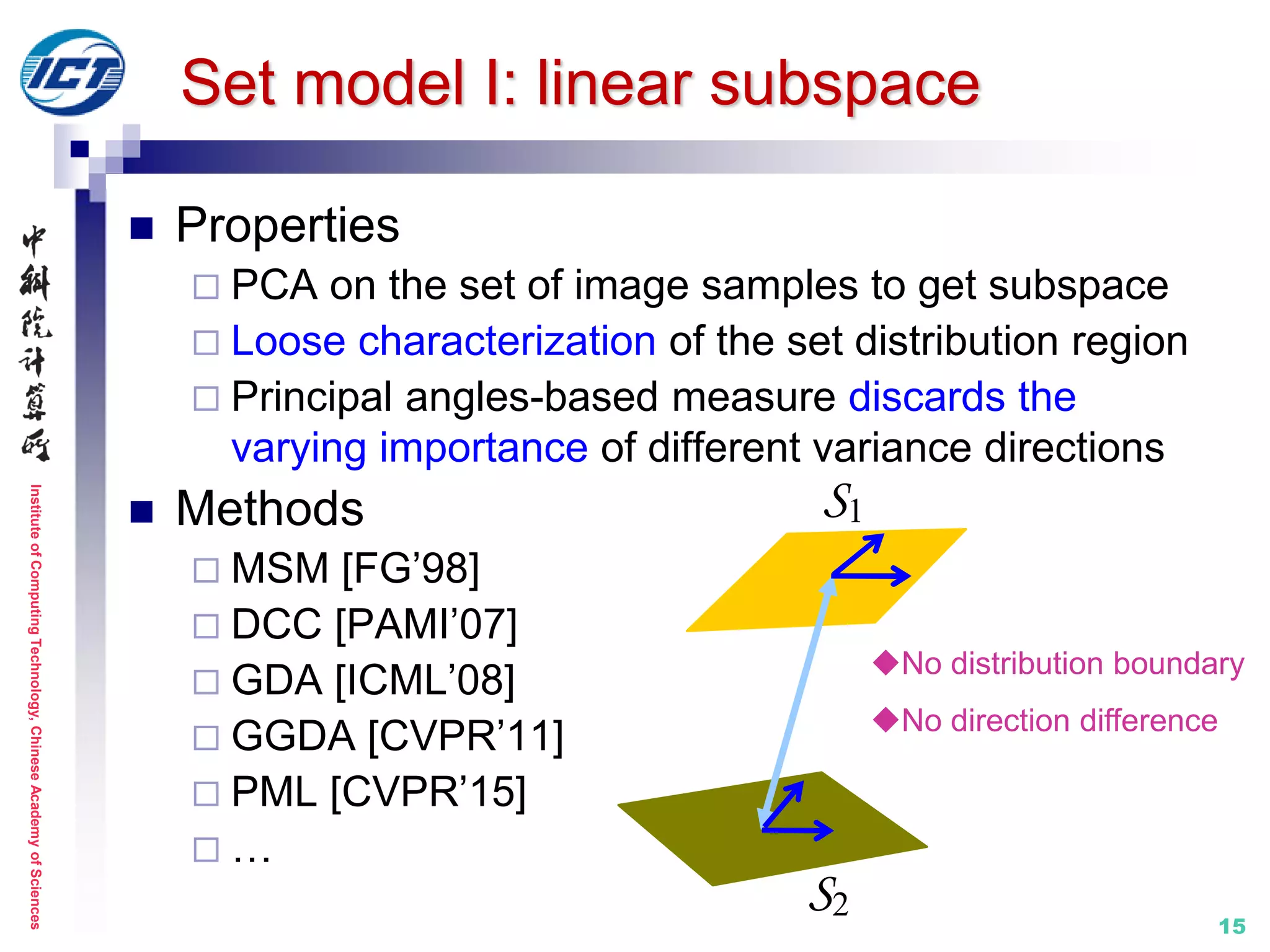 InstituteofComputingTechnology,ChineseAcademyofSciences
15
Set model I: linear subspace
 Properties
 PCA on the set of image samples to get subspace
 Loose characterization of the set distribution region
 Principal angles-based measure discards the
varying importance of different variance directions
 Methods
 MSM [FG’98]
 DCC [PAMI’07]
 GDA [ICML’08]
 GGDA [CVPR’11]
 PML [CVPR’15]
 …
S1
S2
No distribution boundary
No direction difference
 