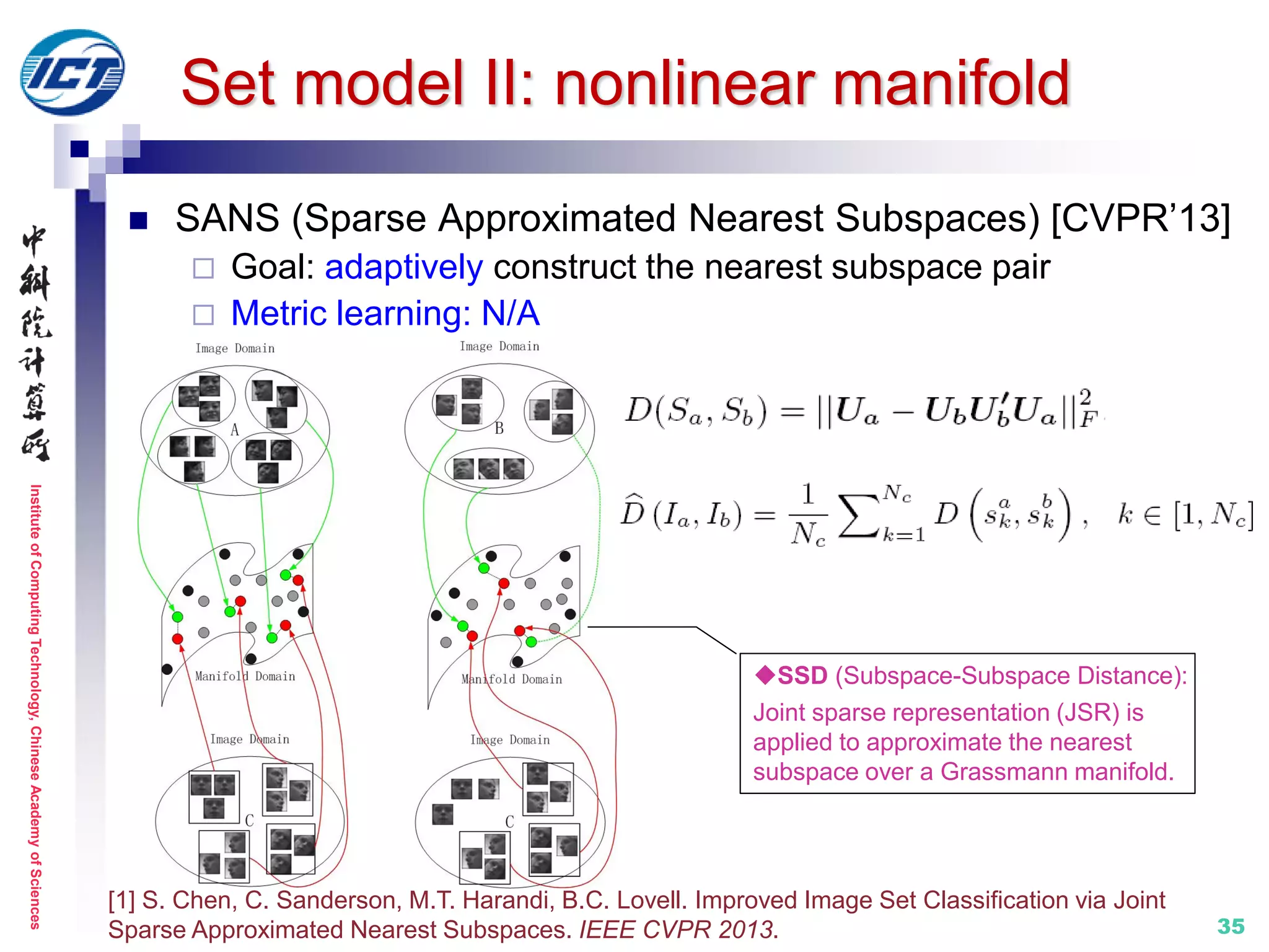 InstituteofComputingTechnology,ChineseAcademyofSciences
35
 SANS (Sparse Approximated Nearest Subspaces) [CVPR’13]
 Goal: adaptively construct the nearest subspace pair
 Metric learning: N/A
[1] S. Chen, C. Sanderson, M.T. Harandi, B.C. Lovell. Improved Image Set Classification via Joint
Sparse Approximated Nearest Subspaces. IEEE CVPR 2013.
Set model II: nonlinear manifold
SSD (Subspace-Subspace Distance):
Joint sparse representation (JSR) is
applied to approximate the nearest
subspace over a Grassmann manifold.
 