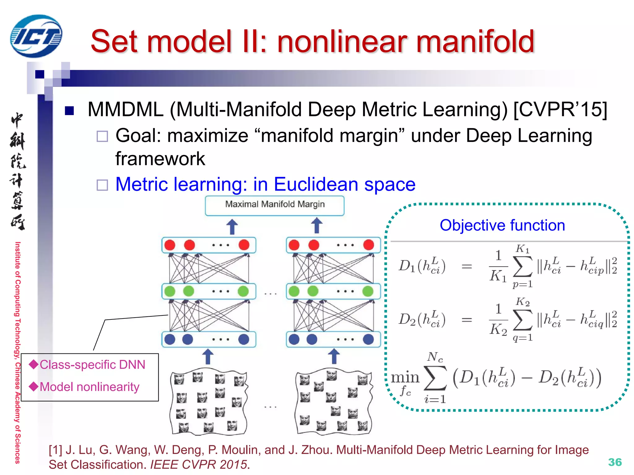 InstituteofComputingTechnology,ChineseAcademyofSciences
36
 MMDML (Multi-Manifold Deep Metric Learning) [CVPR’15]
 Goal: maximize “manifold margin” under Deep Learning
framework
 Metric learning: in Euclidean space
Set model II: nonlinear manifold
[1] J. Lu, G. Wang, W. Deng, P. Moulin, and J. Zhou. Multi-Manifold Deep Metric Learning for Image
Set Classification. IEEE CVPR 2015.
Class-specific DNN
Model nonlinearity
Objective function
 