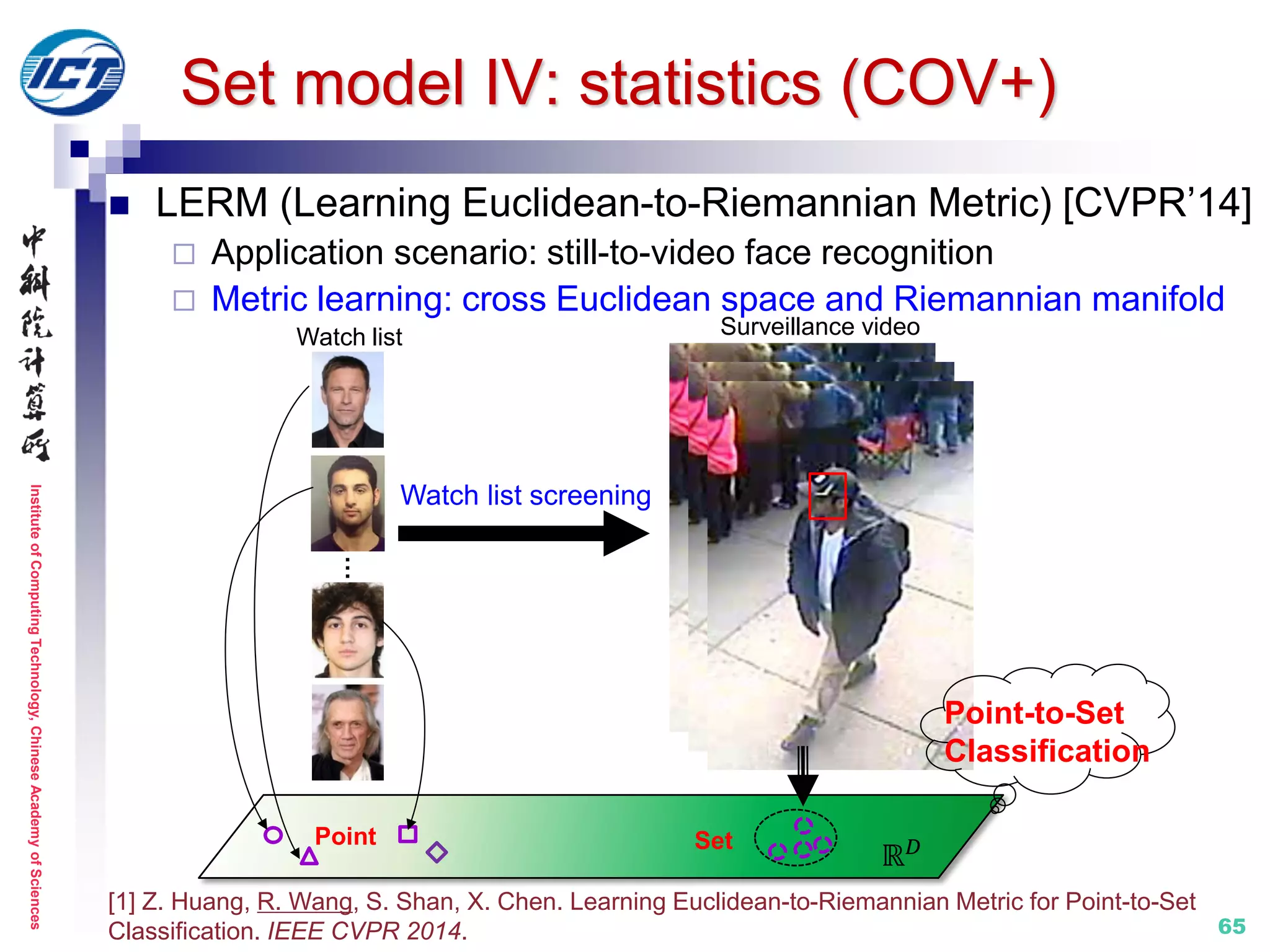 InstituteofComputingTechnology,ChineseAcademyofSciences
65
 LERM (Learning Euclidean-to-Riemannian Metric) [CVPR’14]
 Application scenario: still-to-video face recognition
 Metric learning: cross Euclidean space and Riemannian manifold
[1] Z. Huang, R. Wang, S. Shan, X. Chen. Learning Euclidean-to-Riemannian Metric for Point-to-Set
Classification. IEEE CVPR 2014.
ℝ 𝐷
Watch list… Surveillance video
Point Set
Point-to-Set
Classification
Watch list screening
Set model IV: statistics (COV+)
 