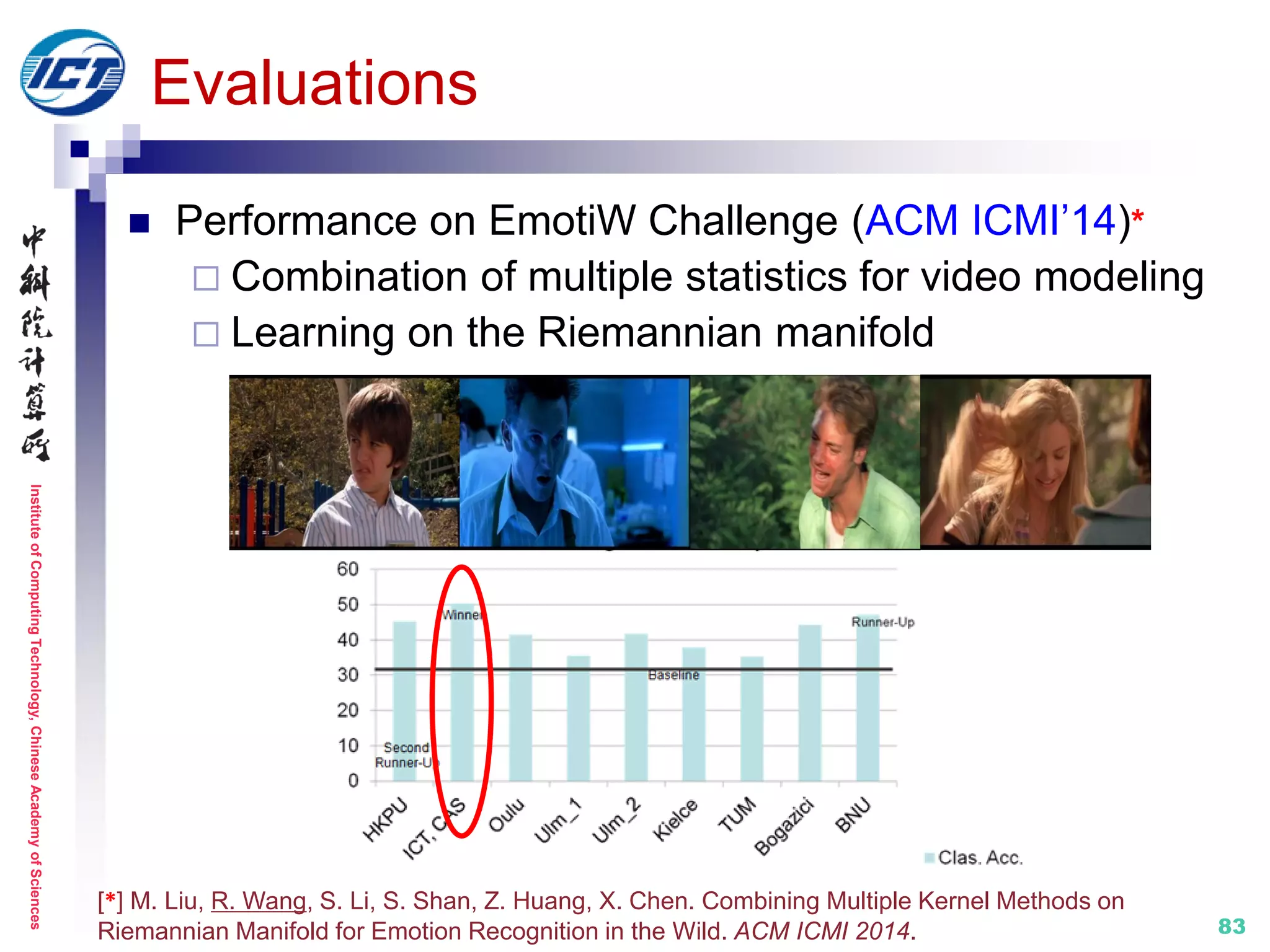 InstituteofComputingTechnology,ChineseAcademyofSciences
83
Evaluations
 Performance on EmotiW Challenge (ACM ICMI’14)*
 Combination of multiple statistics for video modeling
 Learning on the Riemannian manifold
[*] M. Liu, R. Wang, S. Li, S. Shan, Z. Huang, X. Chen. Combining Multiple Kernel Methods on
Riemannian Manifold for Emotion Recognition in the Wild. ACM ICMI 2014.
 