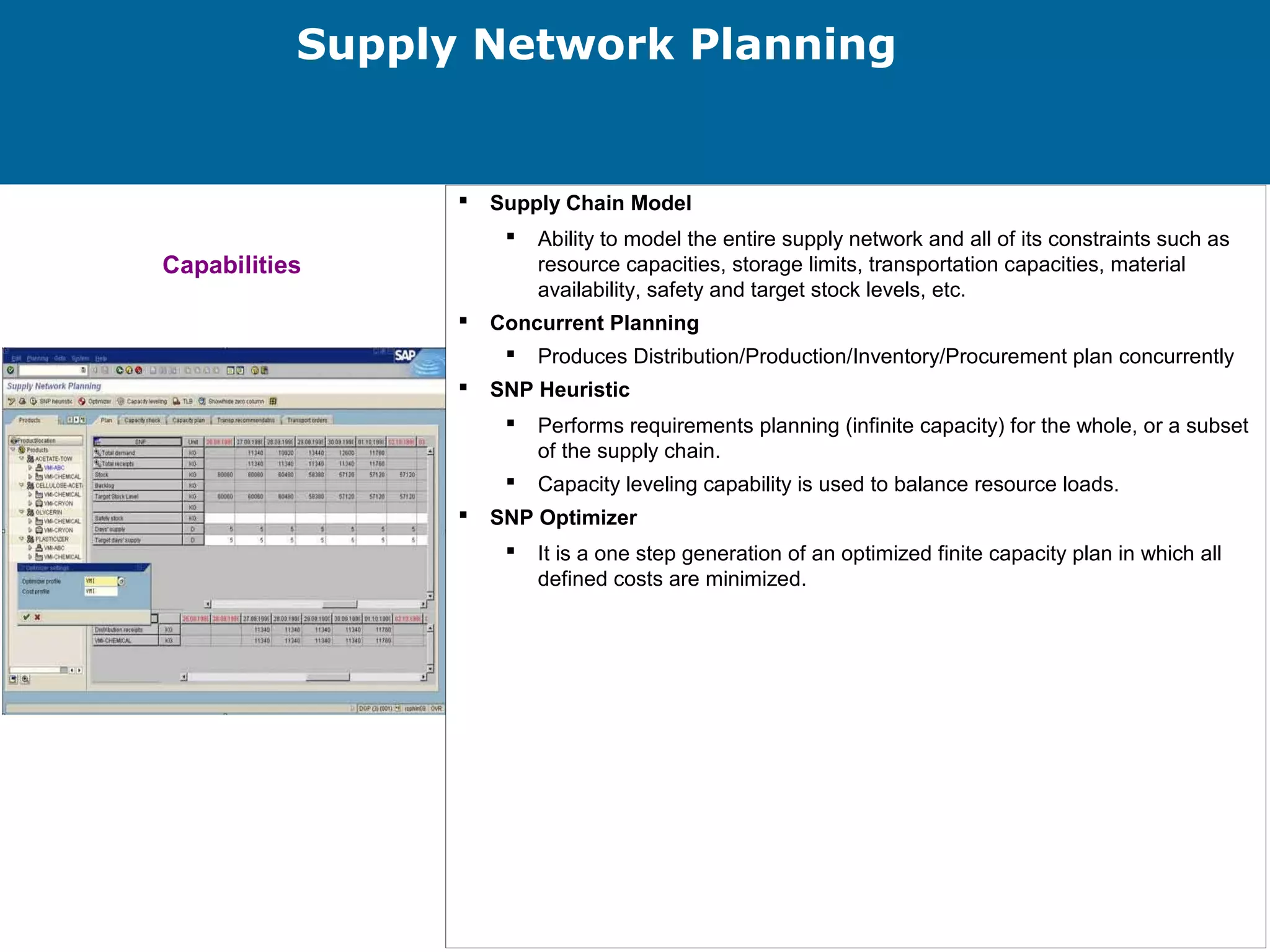 Page 23
Supply Network Planning
 Supply Chain Model
 Ability to model the entire supply network and all of its constraints such as
resource capacities, storage limits, transportation capacities, material
availability, safety and target stock levels, etc.
 Concurrent Planning
 Produces Distribution/Production/Inventory/Procurement plan concurrently
 SNP Heuristic
 Performs requirements planning (infinite capacity) for the whole, or a subset
of the supply chain.
 Capacity leveling capability is used to balance resource loads.
 SNP Optimizer
 It is a one step generation of an optimized finite capacity plan in which all
defined costs are minimized.
Capabilities
 