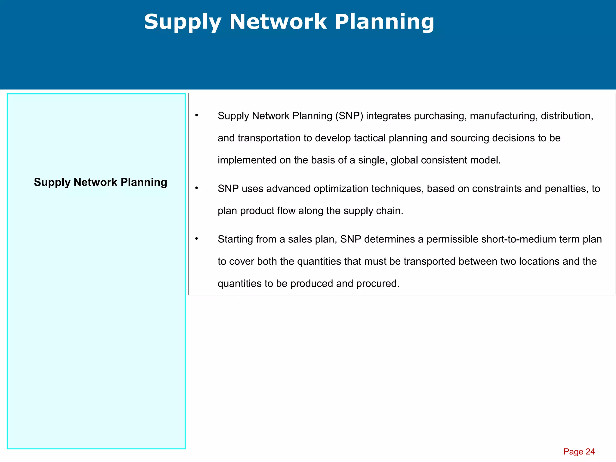 Page 24
Supply Network Planning
Supply Network Planning
• Supply Network Planning (SNP) integrates purchasing, manufacturing, distribution,
and transportation to develop tactical planning and sourcing decisions to be
implemented on the basis of a single, global consistent model.
• SNP uses advanced optimization techniques, based on constraints and penalties, to
plan product flow along the supply chain.
• Starting from a sales plan, SNP determines a permissible short-to-medium term plan
to cover both the quantities that must be transported between two locations and the
quantities to be produced and procured.
 