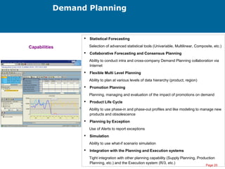Page 20
Demand Planning
 Statistical Forecasting
Selection of advanced statistical tools (Univariable, Multilinear, Composite, etc.)
 Collaborative Forecasting and Consensus Planning
Ability to conduct intra and cross-company Demand Planning collaboration via
Internet
 Flexible Multi Level Planning
Ability to plan at various levels of data hierarchy (product, region)
 Promotion Planning
Planning, managing and evaluation of the impact of promotions on demand
 Product Life Cycle
Ability to use phase-in and phase-out profiles and like modeling to manage new
products and obsolescence
 Planning by Exception
Use of Alerts to report exceptions
 Simulation
Ability to use what-if scenario simulation
 Integration with the Planning and Execution systems
Tight integration with other planning capability (Supply Planning, Production
Planning, etc.) and the Execution system (R/3, etc.)
Capabilities
 