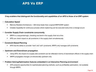 Page 34
APS Vs ERP
5 key enablers that distinguish the functionality and capabilities of an APS to those of an ERP system:
• Calculation Speed
 Memory Resident Architecture.~ 300 times faster than a typical MRPII/DRP system
 Creates Capability for continuous process where replanning can be executed every time a change occurs
• Consider Supply Chain constraints concurrently
 MRPII is a sequential logic, checking one level in the supply chain at a time
 APS can check impact on all constraints in the supply chain simultaneously
• Constraint Based Planning
 APS has the ability to consider ‘hard’ and ‘soft’ constraints, MRPII only manages soft constraints
• Upstream and Downstream propagation
 Using APS, the impact of a supply side constraint can be reflected in terms of downstream effects in the supply chain
 MRPII propagates changes uni-directionally upstream only
• Problem Solving/Optimization features embedded in an Interactive Planning environment
 APS presents opportunities for sophisticated planning methods, such as profitability optimization, not available
through MRPII.
 