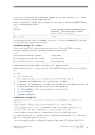 You can set up the storage type which fits your needs, for example a SAP System Database, or a HTTP content
server (such as fileserver, database, or external archive).
Once the storage system is available, you need to assign it to the predelivered storage category SOMU. To do so,
choose the following navigation option:
Table 6
SAP Menu SPRO Cross-Application Components Document
Management General Data Settings for Storage
Systems Maintain Storage Category
Transaction Code /nOACT
Select category SOMU. For column Document Area, choose SOMU. For column Content Repository, choose the
content repository you created in the previous step.
Business Rule Framework plus (BRFplus)
Output control uses BRFplus for the output parameter determination. Technically, BRFplus is based on
WebDynpro applications. Therefore, you need to set up the according ICF services:
Table 7
/sap/bc/webdynpro/sap/fdt_wd_workbench FDT Workbench
/sap/bc/webdynpro/sap/fdt_wd_object_manager FDT Object Manager
/sap/bc/webdynpro/sap/fdt_wd_catalog_browser FDT Catalog Browser
For more information, enter the keyword Active Services in SICF at help.sap.com .
Once you’ve set up the services, download and install the required BRFplus applications from SAP Note 2248229
.
Procedure:
1. Access transaction BRF+.
If required, personalize your screen, and change the user mode from Simple to Expert.
2. On the Business Rule Framework plus screen, choose Tools XML Import .
3. On the Business Rule Framework plus – XML Import screen, under File and Transport Request, browse for the
local *.xml files you want to import. You can import the files one after the other.
4. In the Customizing Request field, enter an applicable Customizing Request ID.
5. Choose Upload XML File.
6. Choose Back to Workbench.
Adobe Document Services (ADS)
Applications in SAP S/4HANA ship default form templates implemented as PDF-based print forms with
fragments.
They require ADS for rendering. ADS is available as cloud solution or on-premise solution.
The cloud solution is a service provided on the HANA Cloud Platform. See SAP Note 2219598 for more
information and links to the documentation for the new solution Form Service by Adobe.
For the on-premise solution, you need an AS Java installation (with ADOBE usage type) to run ADS.
ADS itself must have version 10.4 (1040.xxx) or higher. This version is delivered with NW 7.31 SP7 (and higher),
NW 7.40 SP2 (and higher), and NW 7.50 (all SPs).
You do not necessarily need to use ADS, as output management also supports SAPscript and Smart Forms.
Conversion Guide for SAP S/4HANA 1610
Realizing the Conversion
PUBLIC
© Copyright 2016 SAP SE or an SAP affiliate company.
All rights reserved. 27
 