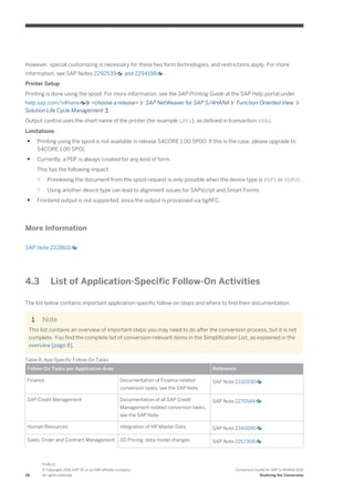 However, special customizing is necessary for these two form technologies, and restrictions apply. For more
information, see SAP Notes 2292539 and 2294198 .
Printer Setup
Printing is done using the spool. For more information, see the SAP Printing Guide at the SAP Help portal under
help.sap.com/s4hana <choose a release> SAP NetWeaver for SAP S/4HANA Function-Oriented View
Solution Life Cycle Management .
Output control uses the short name of the printer (for example LP01), as defined in transaction SPAD.
Limitations
● Printing using the spool is not available in release S4CORE 1.00 SP00. If this is the case, please upgrade to
S4CORE 1.00 SP01.
● Currently, a PDF is always created for any kind of form.
This has the following impact:
○ Previewing the document from the spool request is only possible when the device type is PDF1 or PDFUC.
○ Using another device type can lead to alignment issues for SAPscript and Smart Forms.
● Frontend output is not supported, since the output is processed via bgRFC.
More Information
SAP Note 2228611
4.3 List of Application-Specific Follow-On Activities
The list below contains important application-specific follow-on steps and where to find their documentation.
Note
This list contains an overview of important steps you may need to do after the conversion process, but it is not
complete. You find the complete list of conversion-relevant items in the Simplification List, as explained in the
overview [page 8].
Table 8: App-Specific Follow-On Tasks
Follow-On Tasks per Application Area Reference
Finance Documentation of Finance-related
conversion tasks, see the SAP Note.
SAP Note 2332030
SAP Credit Management Documentation of all SAP Credit
Management-related conversion tasks,
see the SAP Note.
SAP Note 2270544
Human Resources Integration of HR Master Data SAP Note 2340095
Sales: Order and Contract Management SD Pricing: data model changes SAP Note 2267308
28
PUBLIC
© Copyright 2016 SAP SE or an SAP affiliate company.
All rights reserved.
Conversion Guide for SAP S/4HANA 1610
Realizing the Conversion
 