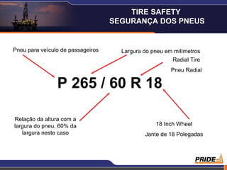 P 265 / 60 R 18 Pneu para veículo de passageiros Largura do pneu em milímetros Radial Tire Pneu Radial Relação da altura com a largura do pneu, 60% da largura neste caso 18 Inch Wheel Jante de 18 Polegadas TIRE SAFETY  SEGURANÇA DOS PNEUS 