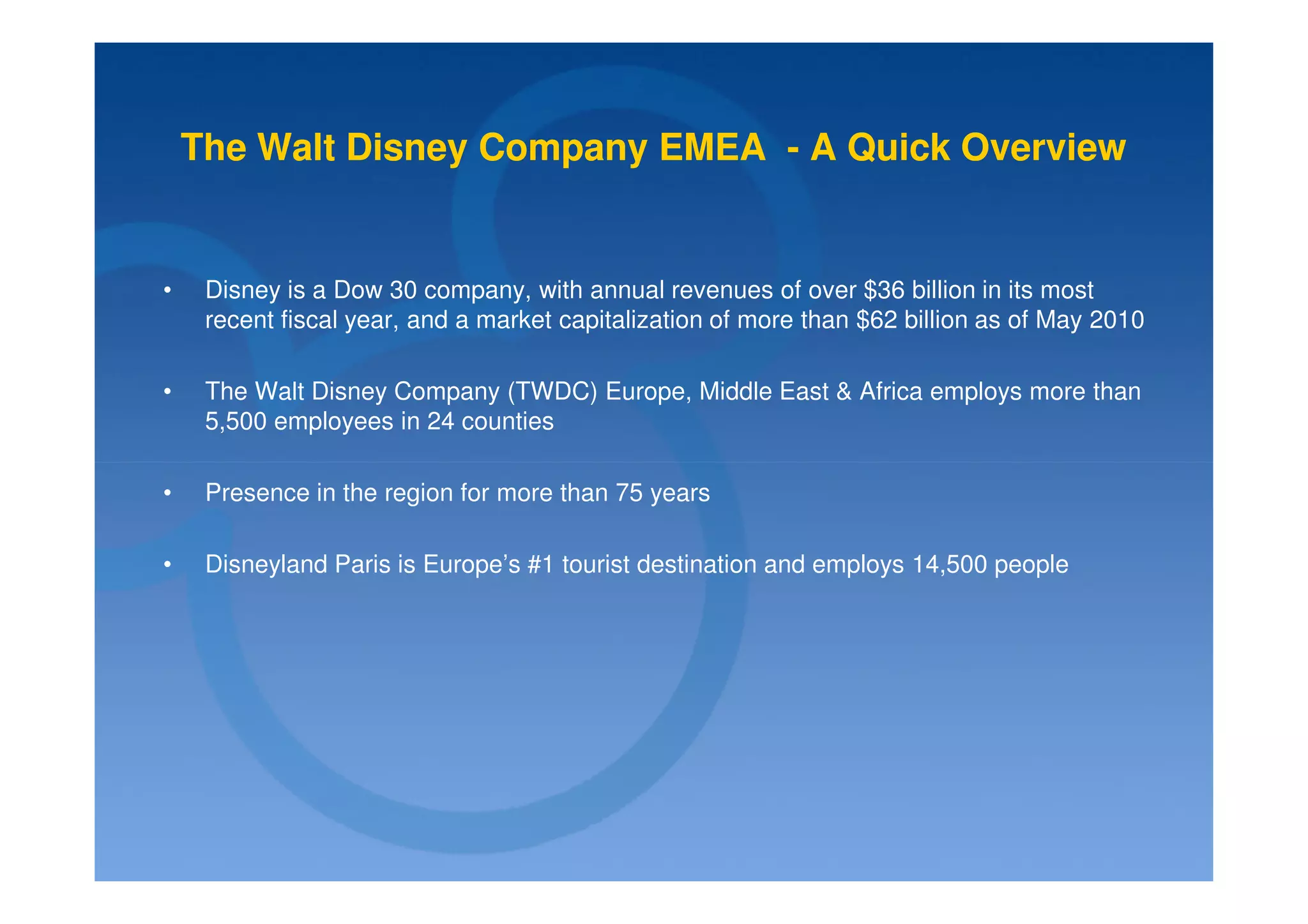 The Walt Disney Company EMEA - A Quick Overview


•    Disney is a Dow 30 company, with annual revenues of over $36 billion in its most
     recent fiscal year, and a market capitalization of more than $62 billion as of May 2010

•    The Walt Disney Company (TWDC) Europe, Middle East & Africa employs more than
     5,500 employees in 24 counties

•    Presence in the region for more than 75 years

•    Disneyland Paris is Europe’s #1 tourist destination and employs 14,500 people
 