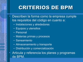 CRITERIOS DE BPM Describen la forma como la empresa cumple los requisitos del código en cuanto a: Instalaciones y alrededores Equipos y utensilios Personal Materias primas y procesos Saneamiento Almacenamiento y transporte Distribución y comercialización Articula y referencia los planes y programas de BPM. 