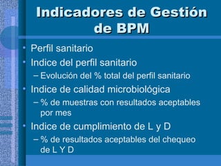 Indicadores de Gestión de BPM Perfil sanitario Indice del perfil sanitario  Evolución del % total del perfil sanitario Indice de calidad microbiológica % de muestras con resultados aceptables por mes Indice de cumplimiento de L y D % de resultados aceptables del chequeo de L Y D 
