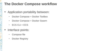 The Docker Compose workflow
●
Application portability between:
– Docker Compose + Docker Toolbox
– Docker Compose + Docker Swarm
– ECS CLI + ECS
●
Interface points:
– Compose file
– Docker Registry
 
