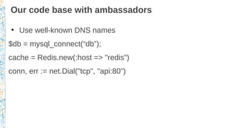 Our code base with ambassadors
●
Use well-known DNS names
$db = mysql_connect(“db”);
cache = Redis.new(:host => "redis")
conn, err := net.Dial("tcp", "api:80”)
 