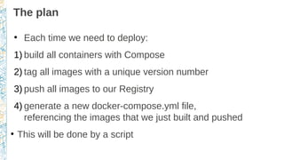 The plan
●
Each time we need to deploy:
1) build all containers with Compose
2) tag all images with a unique version numbe...