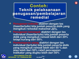 Contoh:
       Teknik pelaksanaan
     penugasan/pembelajaran
            remedial
  Penugasan individu diakhiri dengan tes
   (lisan/tertulis) bila jumlah peserta didik yang
   mengikuti remedial maksimal 20%.
  Penugasan kelompok diakhiri dengan tes
   individual (lisan/tertulis) bila jumlah peserta
   didik yang mengikuti remedi lebih dari 20%
   tetapi kurang dari 50%.
  Pembelajaran ulang diakhiri dengan tes
   individual (tertulis) bila jumlah peserta didik
   yang mengikuti remedi lebih dari 50 %.dan
   atau lebih dari 50% rata2 pencapaian
   Indikator yang diujika lebih dari 50%
       DIKLAT/BIMTEK KTSP 2009         104 -
DEPDIKNAS – DIT. PEMBINAAN SMA   HALAMAN
                                        39
 