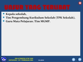 UNSUR YANG TERLIBAT
 Kepala sekolah,
 Tim Pengembang Kurikulum Sekolah (TPK Sekolah),
 Guru Mata Pelajaran /Tim MGMP.




           DIKLAT/BIMTEK KTSP 2009
    DEPDIKNAS – DIT. PEMBINAAN SMA   HALAMAN
 