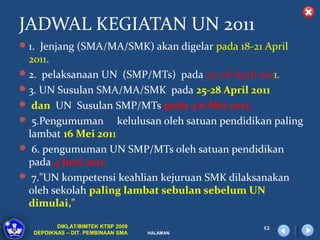 JADWAL KEGIATAN UN 2011
 1. Jenjang (SMA/MA/SMK) akan digelar pada 18-21 April
  2011.
 2. pelaksanaan UN (SMP/MTs) pada 25-28 April 2011.
 3. UN Susulan SMA/MA/SMK pada 25-28 April 2011
 dan UN Susulan SMP/MTs pada 3-6 Mei 2011,
 5.Pengumuman kelulusan oleh satuan pendidikan paling
  lambat 16 Mei 2011
 6. pengumuman UN SMP/MTs oleh satuan pendidikan
  pada 4 Juni 2011.
 7."UN kompetensi keahlian kejuruan SMK dilaksanakan
  oleh sekolah paling lambat sebulan sebelum UN
  dimulai,"

         DIKLAT/BIMTEK KTSP 2009                 12
  DEPDIKNAS – DIT. PEMBINAAN SMA   HALAMAN
 