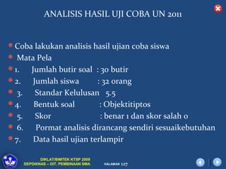 ANALISIS HASIL UJI COBA UN 2011


Coba lakukan analisis hasil ujian coba siswa
 Mata Pela
1.       Jumlah butir soal : 30 butir
2.        Jumlah siswa       : 32 orang
 3.        Standar Kelulusan 5.5
4.        Bentuk soal         : Objektitiptos
 5.        Skor               : benar 1 dan skor salah 0
 6.        Pormat analisis dirancang sendiri sesuaikebutuhan
7.        Data hasil ujian terlampir

              DIKLAT/BIMTEK KTSP 2009
       DEPDIKNAS – DIT. PEMBINAAN SMA   HALAMAN   127
 