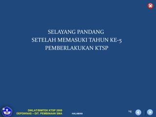 SELAYANG PANDANG
         SETELAH MEMASUKI TAHUN KE-5
             PEMBERLAKUKAN KTSP




       DIKLAT/BIMTEK KTSP 2009             14
DEPDIKNAS – DIT. PEMBINAAN SMA   HALAMAN
 