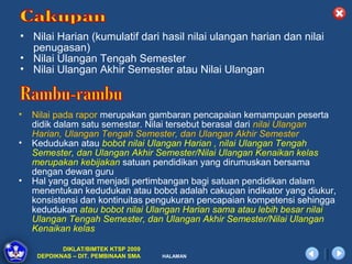 • Nilai Harian (kumulatif dari hasil nilai ulangan harian dan nilai
  penugasan)
• Nilai Ulangan Tengah Semester
• Nilai Ulangan Akhir Semester atau Nilai Ulangan



•   Nilai pada rapor merupakan gambaran pencapaian kemampuan peserta
    didik dalam satu semestar. Nilai tersebut berasal dari nilai Ulangan
    Harian, Ulangan Tengah Semester, dan Ulangan Akhir Semester
•   Kedudukan atau bobot nilai Ulangan Harian , nilai Ulangan Tengah
    Semester, dan Ulangan Akhir Semester/Nilai Ulangan Kenaikan kelas
    merupakan kebijakan satuan pendidikan yang dirumuskan bersama
    dengan dewan guru
•   Hal yang dapat menjadi pertimbangan bagi satuan pendidikan dalam
    menentukan kedudukan atau bobot adalah cakupan indikator yang diukur,
    konsistensi dan kontinuitas pengukuran pencapaian kompetensi sehingga
    kedudukan atau bobot nilai Ulangan Harian sama atau lebih besar nilai
    Ulangan Tengah Semester, dan Ulangan Akhir Semester/Nilai Ulangan
    Kenaikan kelas

            DIKLAT/BIMTEK KTSP 2009
     DEPDIKNAS – DIT. PEMBINAAN SMA   HALAMAN
 
