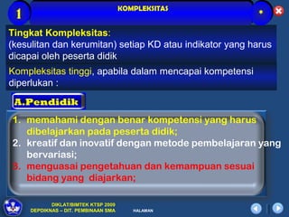 KOMPLEKSITAS
 1                                                       *
Tingkat Kompleksitas:
(kesulitan dan kerumitan) setiap KD atau indikator yang harus
dicapai oleh peserta didik
Kompleksitas tinggi, apabila dalam mencapai kompetensi
diperlukan :
 A.Pendidik
1. memahami dengan benar kompetensi yang harus
   dibelajarkan pada peserta didik;
2. kreatif dan inovatif dengan metode pembelajaran yang
   bervariasi;
3. menguasai pengetahuan dan kemampuan sesuai
   bidang yang diajarkan;

            DIKLAT/BIMTEK KTSP 2009
     DEPDIKNAS – DIT. PEMBINAAN SMA      HALAMAN
 