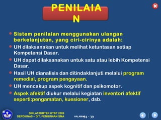 PENILAIA
                           N
 Sistem penilaian menggunakan ulangan
  berkelanjutan, yang ciri-cirinya adalah:
 UH dilaksanakan untuk melihat ketuntasan setiap
  Kompetensi Dasar.
 UH dapat dilaksanakan untuk satu atau lebih Kompetensi
  Dasar.
 Hasil UH dianalisis dan ditindaklanjuti melalui program
  remedial, program pengayaan.
 UH mencakup aspek kognitif dan psikomotor.
 Aspek afektif diukur melalui kegiatan inventori afektif
  seperti:pengamatan, kuesioner, dsb.

          DIKLAT/BIMTEK KTSP 2009
   DEPDIKNAS – DIT. PEMBINAAN SMA        94 - 39
                                    HALAMAN
 