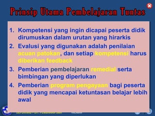 1. Kompetensi yang ingin dicapai peserta didik
1. Kompetensi yang ingin dicapai peserta didik
   dirumuskan dalam urutan yang hirarkis
   dirumuskan dalam urutan yang hirarkis
2. Evalusi yang digunakan adalah penilaian
2. Evalusi yang digunakan adalah penilaian
   acuan patokan, dan setiap kompetensi harus
   acuan patokan, dan setiap kompetensi harus
   diberikan feedback
   diberikan feedback
3. Pemberian pembelajaran remedial serta
3. Pemberian pembelajaran remedial serta
   bimbingan yang diperlukan
   bimbingan yang diperlukan
4. Pemberian program pengayaan bagi peserta
4. Pemberian program pengayaan bagi peserta
   didik yang mencapai ketuntasan belajar lebih
   didik yang mencapai ketuntasan belajar lebih
   awal
   awal
         DIKLAT/BIMTEK KTSP 2009
  DEPDIKNAS – DIT. PEMBINAAN SMA   HALAMAN
 