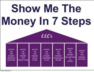 Show Me The
 Money In 7 Steps
                                            £££’s

                                                                     SHOW
              SHOW        SHOW      SHOW     SHOW        SHOW
                                                                       ME       SHOW
                ME          ME        ME       ME          ME
                                                                      THE         ME
                THE        THE       THE       THE        THE
                                                                     MONEY       THE
              MONEY       MONEY     MONEY    MONEY       MONEY
                                                                   VALUATION   MONEY
             FINANCE       TAX      LEGAL   BUSINESS   FINANCIAL
                                                                       &       PITCHES
             SOURCES    STRUCTURE   STUFF     PLAN       MODEL
                                                                     OFFER




Friday, 8 February 13
 