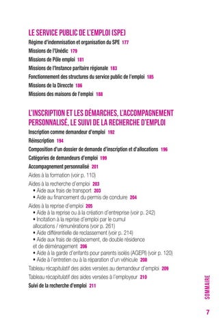 7 
LE SERVICE PUBLIC DE L’EMPLOI (SPE) 
régime d’indemnisation et organisation du SPe 177 
Missions de l’Unédic 179 
Missions de Pôle emploi 181 
Missions de l’Instance paritaire régionale 183 
Fonctionnement des structures du service public de l’emploi 185 
Missions de la Direccte 186 
Missions des maisons de l’emploi 188 
L’INSCRIPTION ET LES DÉMARCHES, L’ACCOMPAGNEMENT 
PERSONNALISÉ, LE SUIVI DE LA RECHERCHE D’EMPLOI 
Inscription comme demandeur d’emploi 192 
réinscription 194 
composition d’un dossier de demande d’inscription et d’allocations 196 
catégories de demandeurs d’emploi 199 
Accompagnement personnalisé 201 
Aides à la formation (voir p. 110) 
Aides à la recherche d’emploi 203 
• Aide aux frais de transport 203 
• Aide au financement du permis de conduire 204 
Aides à la reprise d’emploi 205 
• Aide à la reprise ou à la création d’entreprise (voir p. 242) 
• Incitation à la reprise d’emploi par le cumul 
allocations / rémunérations (voir p. 261) 
• Aide différentielle de reclassement (voir p. 214) 
• Aide aux frais de déplacement, de double résidence 
et de déménagement 206 
• Aide à la garde d’enfants pour parents isolés (AGEPI) (voir p. 120) 
• Aide à l’entretien ou à la réparation d’un véhicule 208 
Tableau récapitulatif des aides versées au demandeur d’emploi 209 
Tableau récapitulatif des aides versées à l’employeur 210 
Suivi de la recherche d’emploi 211 
SOMMAIRE 
 