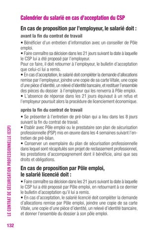 132 
Calendrier du salarié en cas d’acceptation du CSP 
en cas de proposition par l’employeur, le salarié doit : 
avant la fin du contrat de travail 
• Bénéficier d’un entretien d’information avec un conseiller de Pôle 
emploi. 
• Faire connaître sa décision dans les 21 jours suivant la date à laquelle 
le CSP lui a été proposé par l’employeur. 
Pour ce faire, il doit retourner à l’employeur, le bulletin d’acceptation 
que celui-ci lui a remis. 
• En cas d’acceptation, le salarié doit compléter la demande d’allocations 
remise par l’employeur, joindre une copie de sa carte Vitale, une copie 
d’une pièce d’identité, un relevé d’identité bancaire, et restituer l’ensemble 
des pièces du dossier à l’employeur qui les renverra à Pôle emploi. 
• L’absence de réponse dans les 21 jours équivaut à un refus et 
l’employeur poursuit alors la procédure de licenciement économique. 
après la fin du contrat de travail 
• Se présenter à l’entretien de pré-bilan qui a lieu dans les 8 jours 
suivant la fin du contrat de travail. 
• Etablir avec Pôle emploi ou le prestataire son plan de sécurisation 
professionnelle (PSP) mis en oeuvre dans les 4 semaines suivant l’en-tretien 
de pré-bilan. 
• Conserver un exemplaire du plan de sécurisation professionnelle 
dans lequel sont récapitulés son projet de reclassement professionnel, 
les prestations d’accompagnement dont il bénéficie, ainsi que ses 
droits et obligations. 
en cas de proposition par Pôle emploi, 
le salarié licencié doit : 
• Faire connaître sa décision dans les 21 jours suivant la date à laquelle 
le CSP lui a été proposé par Pôle emploi, en retournant à ce dernier 
le bulletin d’acceptation qu’il lui a remis. 
• En cas d’acceptation, le salarié licencié doit compléter la demande 
d’allocations remise par Pôle emploi, joindre une copie de sa carte 
Vitale, une copie d’une pièce d’identité, un relevé d’identité bancaire, 
et donner l’ensemble du dossier à son pôle emploi. 
LE CONTRAT DE SÉCURISATION PROFESSIONNELLE (CSP) 
 