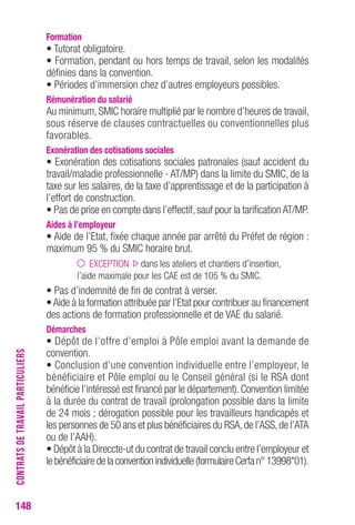 148 
Formation 
• Tutorat obligatoire. 
• Formation, pendant ou hors temps de travail, selon les modalités 
définies dans la convention. 
• Périodes d’immersion chez d’autres employeurs possibles. 
rémunération du salarié 
Au minimum, SMIC horaire multiplié par le nombre d’heures de travail, 
sous réserve de clauses contractuelles ou conventionnelles plus 
favorables. 
exonération des cotisations sociales 
• Exonération des cotisations sociales patronales (sauf accident du 
travail/maladie professionnelle - AT/MP) dans la limite du SMIC, de la 
taxe sur les salaires, de la taxe d’apprentissage et de la participation à 
l’effort de construction. 
• Pas de prise en compte dans l’effectif, sauf pour la tarification AT/MP. 
Aides à l’employeur 
• Aide de l’Etat, fixée chaque année par arrêté du Préfet de région : 
maximum 95 % du SMIC horaire brut. 
EXCEPTION dans les ateliers et chantiers d’insertion, 
l’aide maximale pour les CAE est de 105 % du SMIC. 
• Pas d’indemnité de fin de contrat à verser. 
• Aide à la formation attribuée par l’Etat pour contribuer au financement 
des actions de formation professionnelle et de VAE du salarié. 
Démarches 
• Dépôt de l’offre d’emploi à Pôle emploi avant la demande de 
convention. 
• Conclusion d’une convention individuelle entre l’employeur, le 
bénéficiaire et Pôle emploi ou le Conseil général (si le RSA dont 
bénéficie l’intéressé est financé par le département). Convention limitée 
à la durée du contrat de travail (prolongation possible dans la limite 
de 24 mois ; dérogation possible pour les travailleurs handicapés et 
les personnes de 50 ans et plus bénéficiaires du RSA, de l’ASS, de l’ATA 
ou de l’AAH). 
• Dépôt à la Direccte-ut du contrat de travail conclu entre l’employeur et 
le bénéficiaire de la convention individuelle (formulaire Cerfa n° 13998*01). 
CONTRATS DE TRAVAIL PARTICULIERS 
 