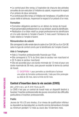 156 
• Le contrat peut être rompu à l'expiration de chacune des périodes 
annuelles de son exécution à l'initiative du salarié, moyennant le respect 
d'un préavis de deux semaines. 
• Le contrat peut être rompu à l'initiative de l'employeur, s'il justifie d'une 
cause réelle et sérieuse, moyennant le respect d'un préavis d'un mois. 
Formation 
• Formation obligatoire pendant ou en dehors du temps de travail. 
• Suivi personnalisé professionnel et, le cas échéant, social du bénéficiaire. 
• Réalisation d’un bilan relatif au projet professionnel du bénéficiaire 
et à la suite donnée à l'emploi d'avenir 2 mois avant l'échéance de 
l'aide relative à l'emploi d'avenir. 
rémunération du salarié 
Elle correspond à celle versée dans le cadre d’un CUI-CAE ou d’un CUI-CIE 
selon le type de contrat conclu par le bénéficiaire de l’emploi d’avenir. 
Aide à l’employeur 
• Aide à l’insertion professionnelle financée par l’Etat. 
• Elle correspond à 75 % du Smic dans le secteur non marchand et 
à 35 % dans le secteur marchand. 
• Elle est accordée pour une durée minimale de 12 mois et pour une 
durée maximale de 36 mois, sans pouvoir excéder le terme du contrat 
de travail. 
EXCEPTION pour permettre au bénéficiaire d'achever 
une action de formation professionnelle, l'aide peut être prolongée 
au-delà de 36 mois, dans la limite de 60 mois. 
contrat d’insertion dans la vie sociale (cIVIS) 
(Art. L.5131-4 et s ; art. r. 5131-10 et s du cT) 
Le CIVIS n’est pas un contrat de travail mais un dispositif destiné à 
favoriser l’insertion professionnelle des jeunes rencontrant des difficultés 
particulières d’insertion professionnelle. 
Public 
Jeunes de 16 à 25 ans révolus, d’un niveau de qualification inférieur 
ou équivalent au baccalauréat, ou inscrits comme demandeurs d’emploi 
au minimum pendant 12 mois au cours des 18 derniers mois. 
CONTRATS DE TRAVAIL PARTICULIERS 
 