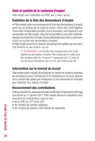 22 
Suivi et contrôle de la recherche d’emploi 
Pôle emploi suit l’exécution du PPAE. (Art. L.5426-1 du CT) 
Radiation de la liste des demandeurs d’emploi 
• Pôle emploi radie une personne de la liste des demandeurs d’emploi 
dans les cas prévus par le code du travail : refus sans motif légitime 
d’une offre raisonnable d’emploi, d’une formation, non-réponse à une 
convocation de Pôle emploi, refus de se soumettre à une visite médicale, 
absence de recherche d’emploi, fausse déclaration pour être ou demeurer 
inscrit sur la liste des demandeurs d’emploi. 
• Pôle emploi transmet le dossier des personnes radiées par ses soins 
à la Direccte-ut. (Art. R.5412-1 du CT) 
EN PRATIQUE en fonction des manquements sans motif 
légitime du demandeur d’emploi, Pôle emploi peut le radier pour 
des périodes allant de 15 jours (1er manquement) à 12 mois en 
cas de fausse déclaration (voir p. 212). (Art. R.5412-5 du CT) 
Intervention sur le marché du travail 
Pôle emploi a pour mission de prospecter le marché du travail en assistant 
les employeurs pour l’embauche et le reclassement de leurs salariés 
et en versant des aides aux employeurs et aux demandeurs d’emploi 
pour favoriser leur reprise d’emploi. 
Recouvrement des contributions 
Suite au transfert du recouvrement des contributions d’assurance chômage 
aux Urssaf au 1er janvier 2011, Pôle emploi demeure compétent pour 
recouvrer les contributions dues au titre : 
• de la CRP, du CTP et du CSP, 
• de l’emploi de salariés expatriés, 
• de l’emploi de salariés intermittents du spectacle. 
MISSIONS DE PÔLE EMPLOI 
 