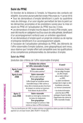 42 
Suivi du PPAE 
En fonction de la distance à l’emploi, la fréquence des contacts est 
adaptée. (Convention pluriannuelle Etat-Unédic-Pôle emploi du 11 janvier 2012) 
• Tous les demandeurs d’emploi bénéficient à partir du quatrième 
mois de chômage, d’un suivi régulier permettant de faire le point sur 
les démarches accomplies et les prestations suivies pour la mise en 
oeuvre du PPAE et l’actualisation du PPAE tous les 3 mois. 
• Les demandeurs d’emploi inscrits depuis 9 mois à Pôle emploi, sans 
avoir été inscrits en catégorie A ou B au cours de cette période, bénéficient 
d’un accompagnement renforcé avec un entretien approfondi. 
• Les demandeurs d’emploi ayant un projet de création ou de reprise 
d’entreprise bénéficient d’un accompagnement adapté. 
A l’occasion de l’actualisation périodique du PPAE, des éléments de 
l’offre raisonnable d’emploi (salaires, zone géographique) sont revus, 
sous réserve que l’emploi offert soit compatible avec les qualifications 
et les compétences professionnelles du demandeur d’emploi. 
Suivi du PPAE 
(évolution des critères de l’offre raisonnable d’emploi) 
* Pour les bénéficiaires de l’ARE, le salaire antérieur correspond au salaire journalier de référence 
apprécié sur une base horaire. (Art. R.5411-15 du CT) 
ACCOMPAGNEMENT PERSONNALISÉ 
Après 3 mois 
d’IDE 
Après 6 mois 
d’IDE 
Après 12 
mois d’IDE 
Evolution des critères 
de l’offre raisonnable d’emploi 
Salaire raisonnable 
95 % du salaire antérieur* 
Salaire raisonnable 
85 % du salaire antérieur* 
Zone géographique 
L’offre d’emploi est considérée comme 
raisonnable lorsque, à l’aller comme au 
retour, elle ne nécessite pas plus d’une heure 
de transport en commun ou le parcours 
d’une distance de plus de 30 km. 
Salaire raisonnable 
Un salaire au moins égal au montant brut 
du revenu de remplacement. 
Zone géographique 
1 heure de transport en commun à l’aller 
comme au retour ou 30 km de distance. 
A savoir 
• Le demandeur d’emploi 
n’est pas obligé d’accepter 
une offre d’emploi 
avec un salaire inférieur : 
- au SMIC, 
- au salaire normalement 
pratiqué dans la région ou dans 
la profession concernée, 
- au minimum conventionnel. 
• Les durées de formation 
prescrites dans le PPAE 
prolongent d’autant les délais 
d’appréciation des critères de 
l’offre raisonnable d’emploi. 
 