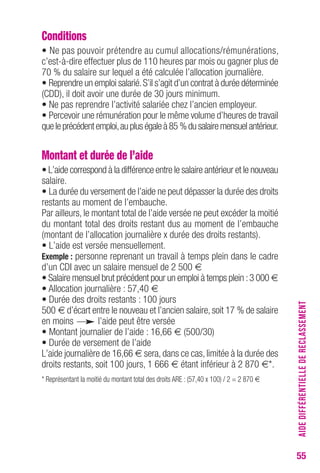 55 
Conditions 
• Ne pas pouvoir prétendre au cumul allocations/rémunérations, 
c’est-à-dire effectuer plus de 110 heures par mois ou gagner plus de 
70 % du salaire sur lequel a été calculée l’allocation journalière. 
• Reprendre un emploi salarié. S’il s’agit d’un contrat à durée déterminée 
(CDD), il doit avoir une durée de 30 jours minimum. 
• Ne pas reprendre l’activité salariée chez l’ancien employeur. 
• Percevoir une rémunération pour le même volume d’heures de travail 
que le précédent emploi, au plus égale à 85% du salaire mensuel antérieur. 
Montant et durée de l’aide 
• L’aide correspond à la différence entre le salaire antérieur et le nouveau 
salaire. 
• La durée du versement de l’aide ne peut dépasser la durée des droits 
restants au moment de l’embauche. 
Par ailleurs, le montant total de l’aide versée ne peut excéder la moitié 
du montant total des droits restant dus au moment de l’embauche 
(montant de l’allocation journalière x durée des droits restants). 
• L’aide est versée mensuellement. 
Exemple : personne reprenant un travail à temps plein dans le cadre 
d’un CDI avec un salaire mensuel de 2 500 € 
• Salaire mensuel brut précédent pour un emploi à temps plein : 3 000 € 
• Allocation journalière : 57,40 € 
• Durée des droits restants : 100 jours 
500 € d’écart entre le nouveau et l’ancien salaire, soit 17 % de salaire 
en moins l’aide peut être versée 
• Montant journalier de l’aide : 16,66 € (500/30) 
• Durée de versement de l’aide 
L’aide journalière de 16,66 € sera, dans ce cas, limitée à la durée des 
droits restants, soit 100 jours, 1 666 € étant inférieur à 2 870 €*. 
* Représentant la moitié du montant total des droits ARE : (57,40 x 100) / 2 = 2 870 € 
AIDE DIFFÉRENTIELLE DE RECLASSEMENT 
 