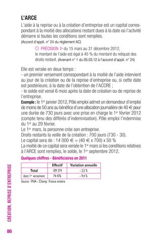 86 
L’ARCE 
L’aide à la reprise ou à la création d’entreprise est un capital corres-pondant 
à la moitié des allocations restant dues à la date où l’activité 
démarre si toutes les conditions sont remplies. 
(Accord d’appli. n° 24 du règlement AC) 
PRÉCISION du 15 mars au 31 décembre 2012, 
le montant de l’aide est égal à 45 % du montant du reliquat des 
droits restant. (Avenant n° 1 du 05.03.12 à l’accord d’appli. n° 24) 
Elle est versée en deux temps : 
- un premier versement correspondant à la moitié de l’aide intervient 
au jour de la création ou de la reprise d’entreprise ou, si cette date 
est postérieure, à la date de l’obtention de l’ACCRE ; 
- le solde est versé 6 mois après la date de création ou de reprise de 
l’entreprise. 
Exemple : le 1er janvier 2012, Pôle emploi admet un demandeur d’emploi 
de moins de 50 ans au bénéfice d’une allocation journalière de 40 € pour 
une durée de 730 jours avec une prise en charge le 1er février 2012 
(compte tenu des différés d’indemnisation). Pôle emploi l’indemnise 
du 1er au 29 février. 
Le 1er mars, la personne crée son entreprise. 
Droits restants la veille de la création : 700 jours (730 - 30). 
Le capital sera de : 14 000 € = (40 € x 700) x 50 % 
La moitié de ce capital sera versée le 1er mars si les conditions relatives 
à l’ARCE sont remplies, le solde, le 1er septembre 2012. 
Quelques chiffres - Bénéficiaires en 2011 
Effectif Variation annuelle 
Total 109 374 - 3,5 % 
dont 1er versement 74 476 - 9,4 % 
Source : FNA - Champ : France entière 
CRÉATION, REPRISE D’ENTREPRISE 
 
