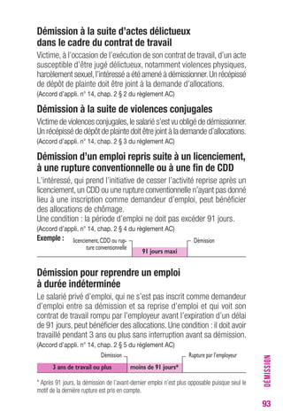 93 
Démission à la suite d’actes délictueux 
dans le cadre du contrat de travail 
Victime, à l’occasion de l’exécution de son contrat de travail, d’un acte 
susceptible d’être jugé délictueux, notamment violences physiques, 
harcèlement sexuel, l’intéressé a été amené à démissionner. Un récépissé 
de dépôt de plainte doit être joint à la demande d’allocations. 
(Accord d’appli. n° 14, chap. 2 § 2 du règlement AC) 
Démission à la suite de violences conjugales 
Victime de violences conjugales, le salarié s’est vu obligé de démissionner. 
Un récépissé de dépôt de plainte doit être joint à la demande d’allocations. 
(Accord d’appli. n° 14, chap. 2 § 3 du règlement AC) 
Démission d’un emploi repris suite à un licenciement, 
à une rupture conventionnelle ou à une fin de CDD 
L’intéressé, qui prend l’initiative de cesser l’activité reprise après un 
licenciement, un CDD ou une rupture conventionnelle n’ayant pas donné 
lieu à une inscription comme demandeur d’emploi, peut bénéficier 
des allocations de chômage. 
Une condition : la période d’emploi ne doit pas excéder 91 jours. 
(Accord d’appli. n° 14, chap. 2 § 4 du règlement AC) 
Exemple : 
Démission pour reprendre un emploi 
à durée indéterminée 
Le salarié privé d’emploi, qui ne s’est pas inscrit comme demandeur 
d’emploi entre sa démission et sa reprise d’emploi et qui voit son 
contrat de travail rompu par l’employeur avant l’expiration d’un délai 
de 91 jours, peut bénéficier des allocations. Une condition : il doit avoir 
travaillé pendant 3 ans ou plus sans interruption avant sa démission. 
(Accord d’appli. n° 14, chap. 2 § 5 du règlement AC) 
Démission 
* Après 91 jours, la démission de l’avant-dernier emploi n’est plus opposable puisque seul le 
motif de la dernière rupture est pris en compte. 
DÉMISSION 
licenciement, CDD ou rup- Démission 
ture conventionnelle 91 jours maxi 
Rupture par l’employeur 
3 ans de travail ou plus moins de 91 jours* 
 
